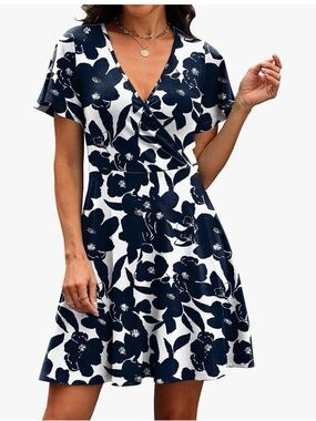 Rumia Navy and White Floral Faux Wrap Mini Dress - Size Medium
